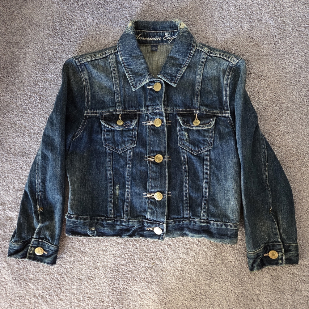 American Eagle Outfitters Cropped Distressed Blue Jean Jacket